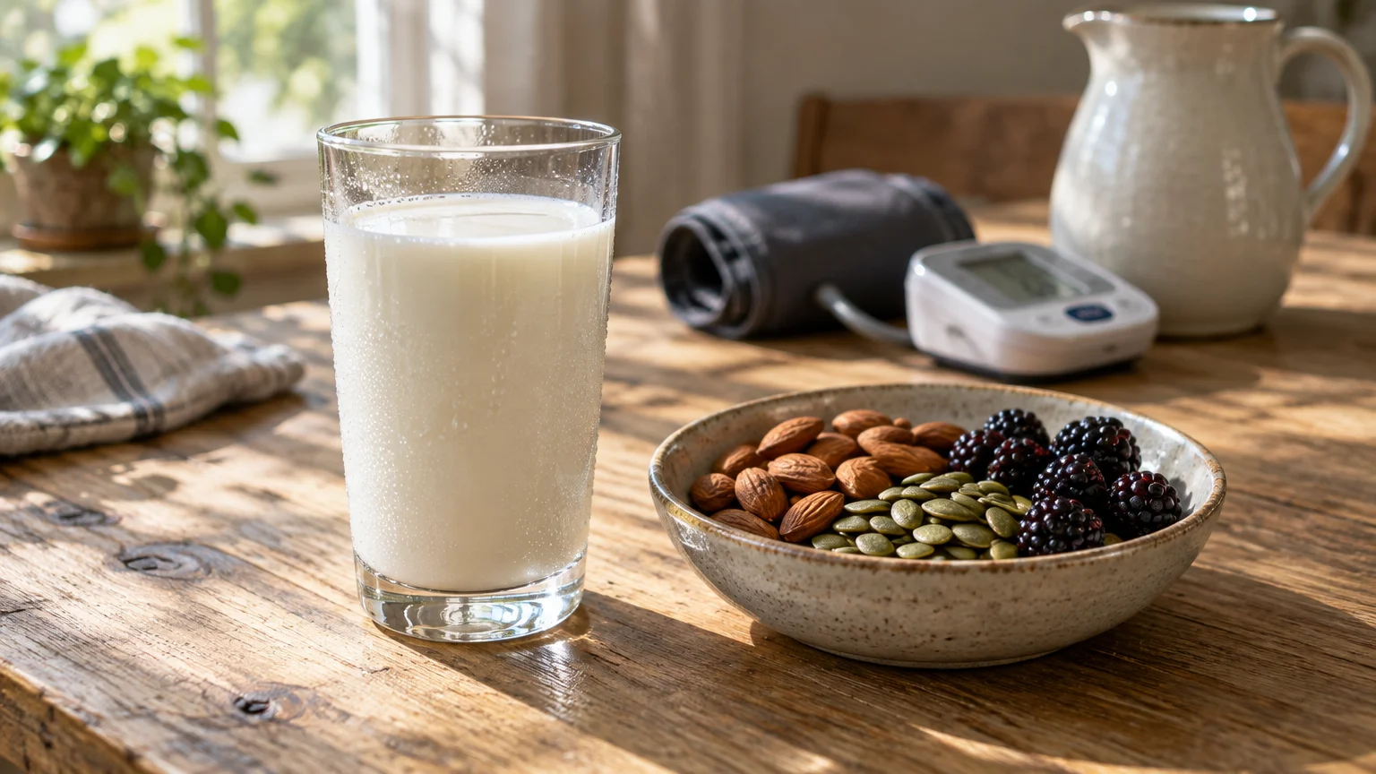 A glass of milk sits on a wooden table beside a bowl of nuts and berries, with a blood pressure monitor in the background.