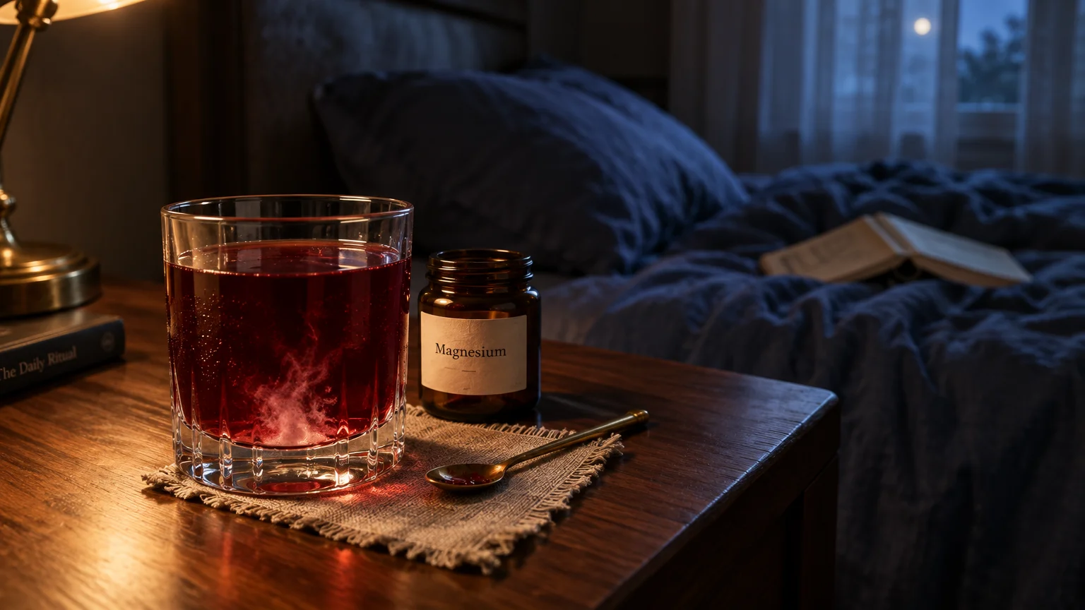 Glass of red liquid dissolving powder beside a magnesium jar on a wooden nightstand near a bed.