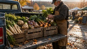A farmer in an apron unloads wooden crates of freshly harvested root vegetables from the back of an old pickup truck.