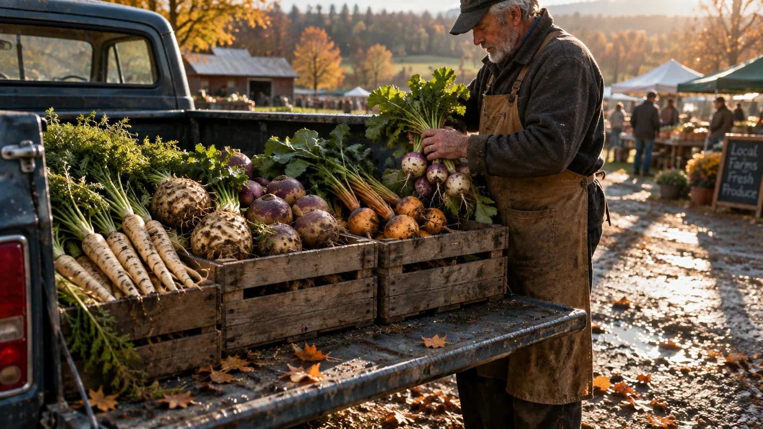 A farmer in an apron unloads wooden crates of freshly harvested root vegetables from the back of an old pickup truck.