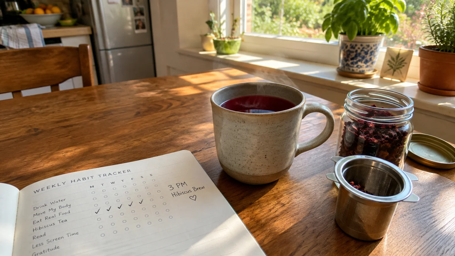 Steaming mug of red tea, jar of dried hibiscus, infuser, and an open habit tracker on a wooden table.