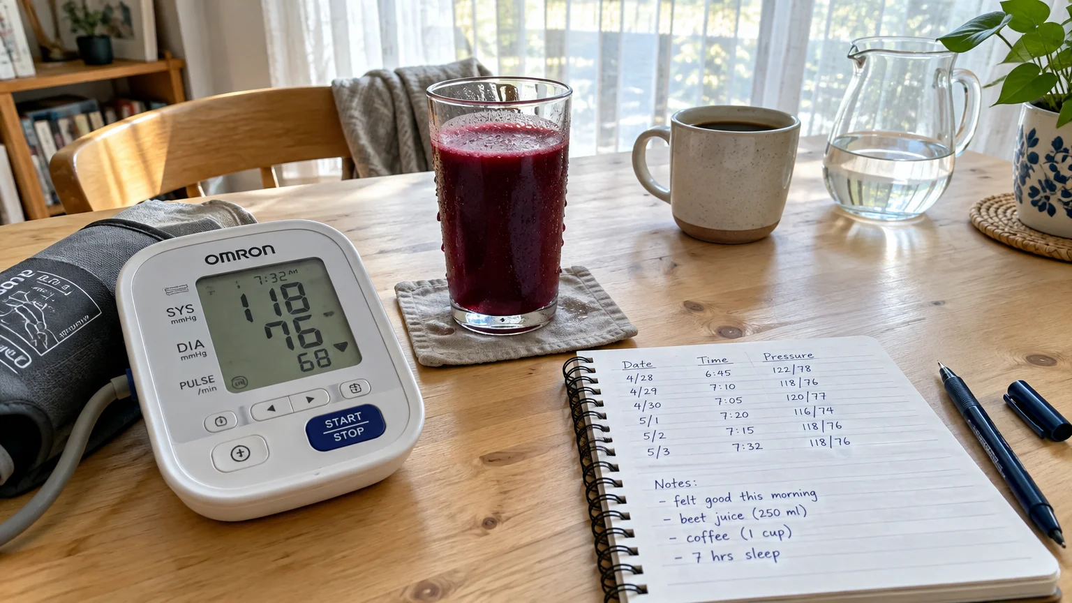 A digital blood pressure monitor, glass of beet juice, coffee mug, and handwritten logbook on a wooden table.
