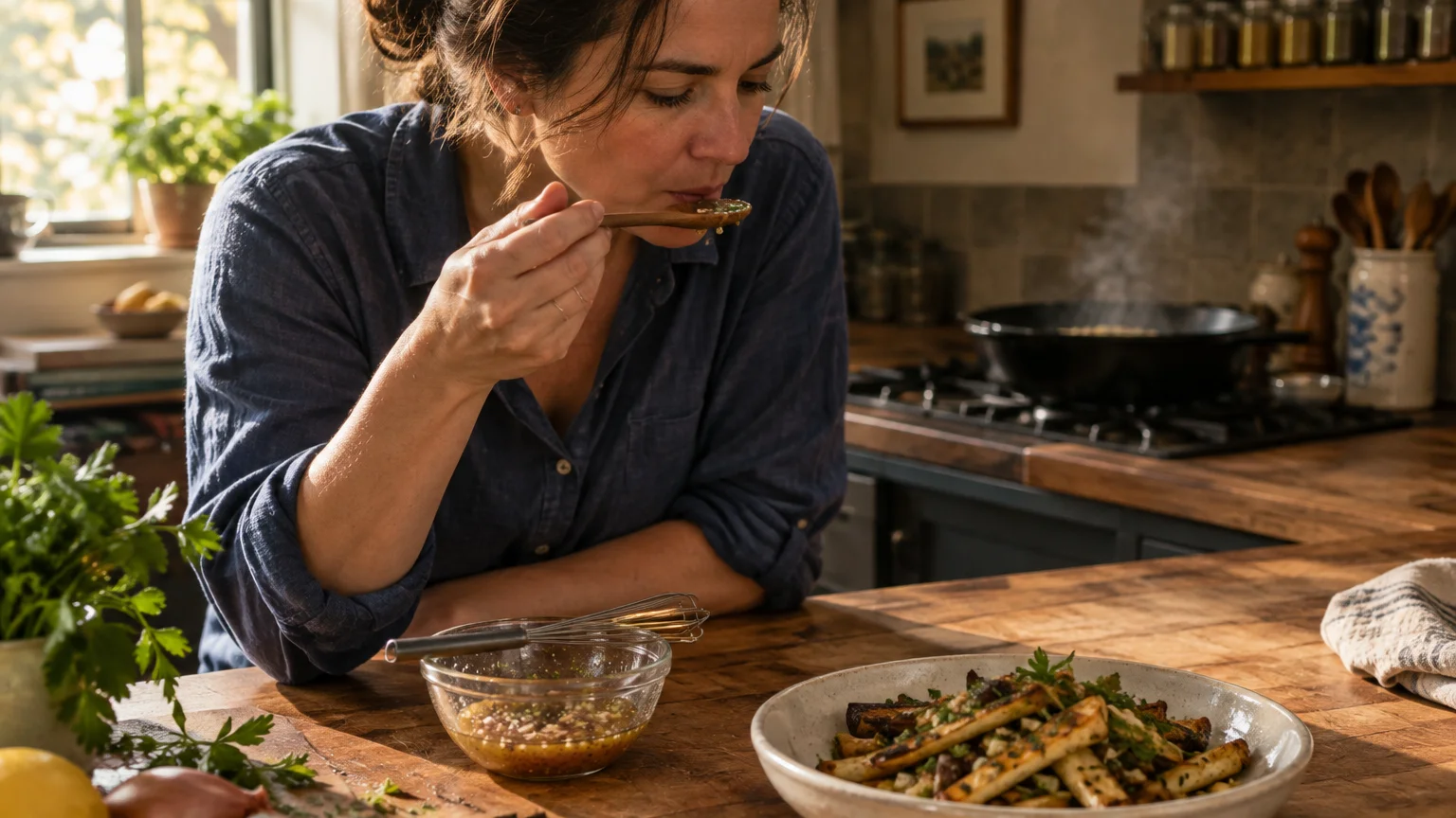 A woman in a blue shirt tastes dressing from a spoon over a wooden kitchen counter beside a bowl of roasted vegetables.