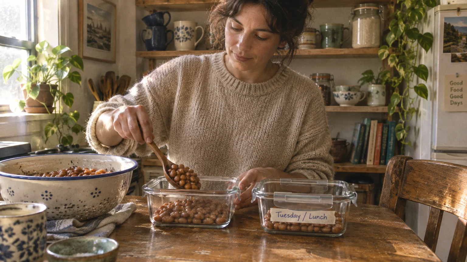 A woman spoons cooked brown beans from a colander into glass meal prep containers labeled Tuesday Lunch in a rustic kitchen.