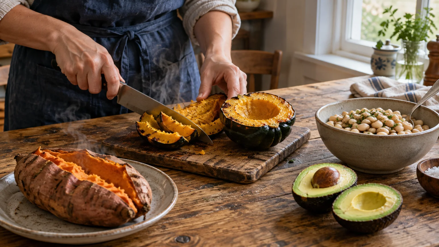Person slicing roasted squash on a wooden board beside a baked sweet potato, bowl of beans, and halved avocado.