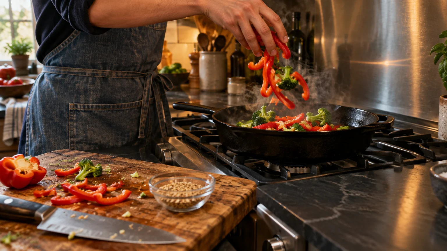 A cook drops sliced red bell peppers and broccoli florets into a steaming cast-iron skillet on a kitchen stove.