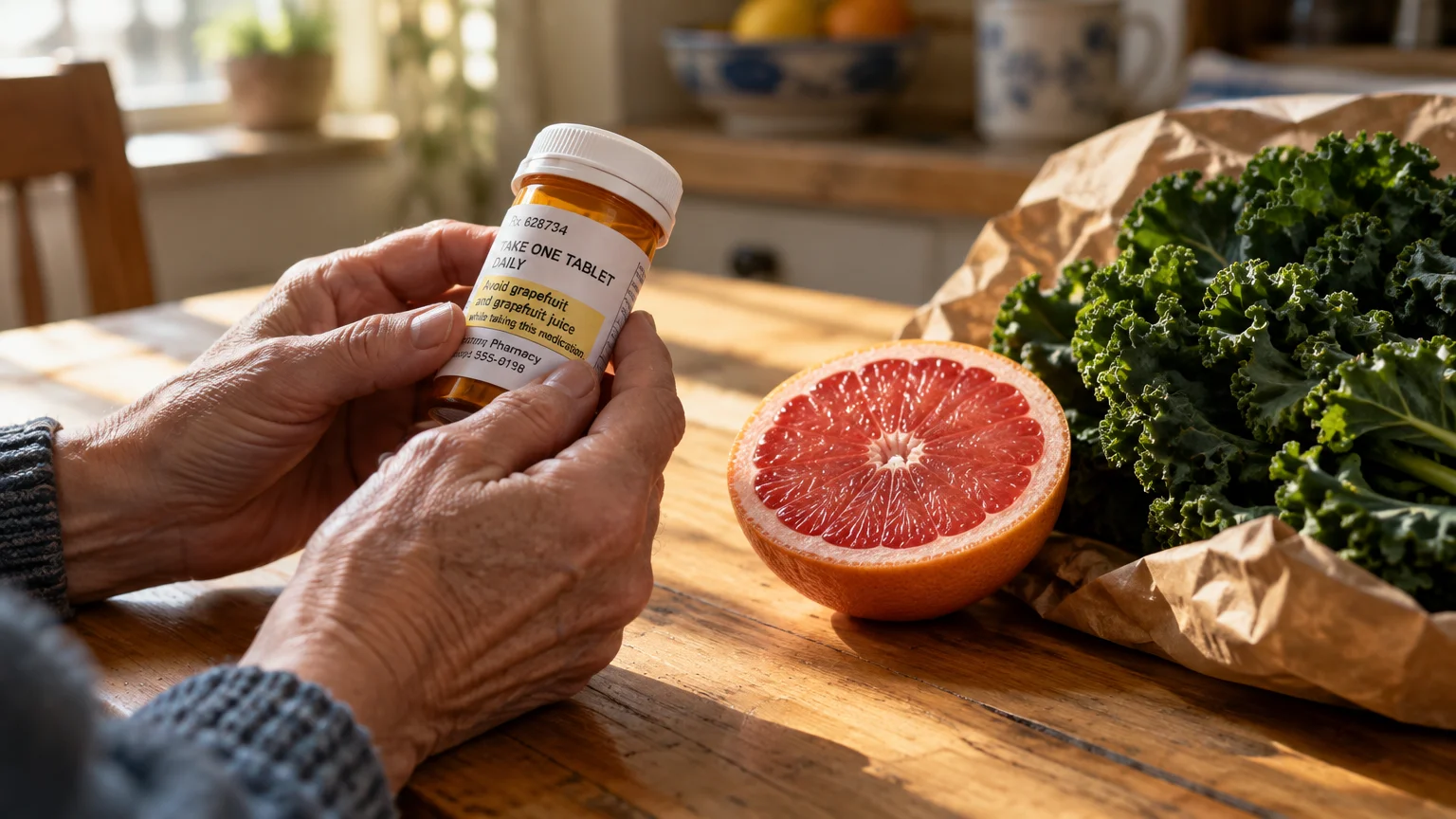 Hands hold a prescription bottle near a halved grapefruit and fresh kale on a sunlit wooden table.