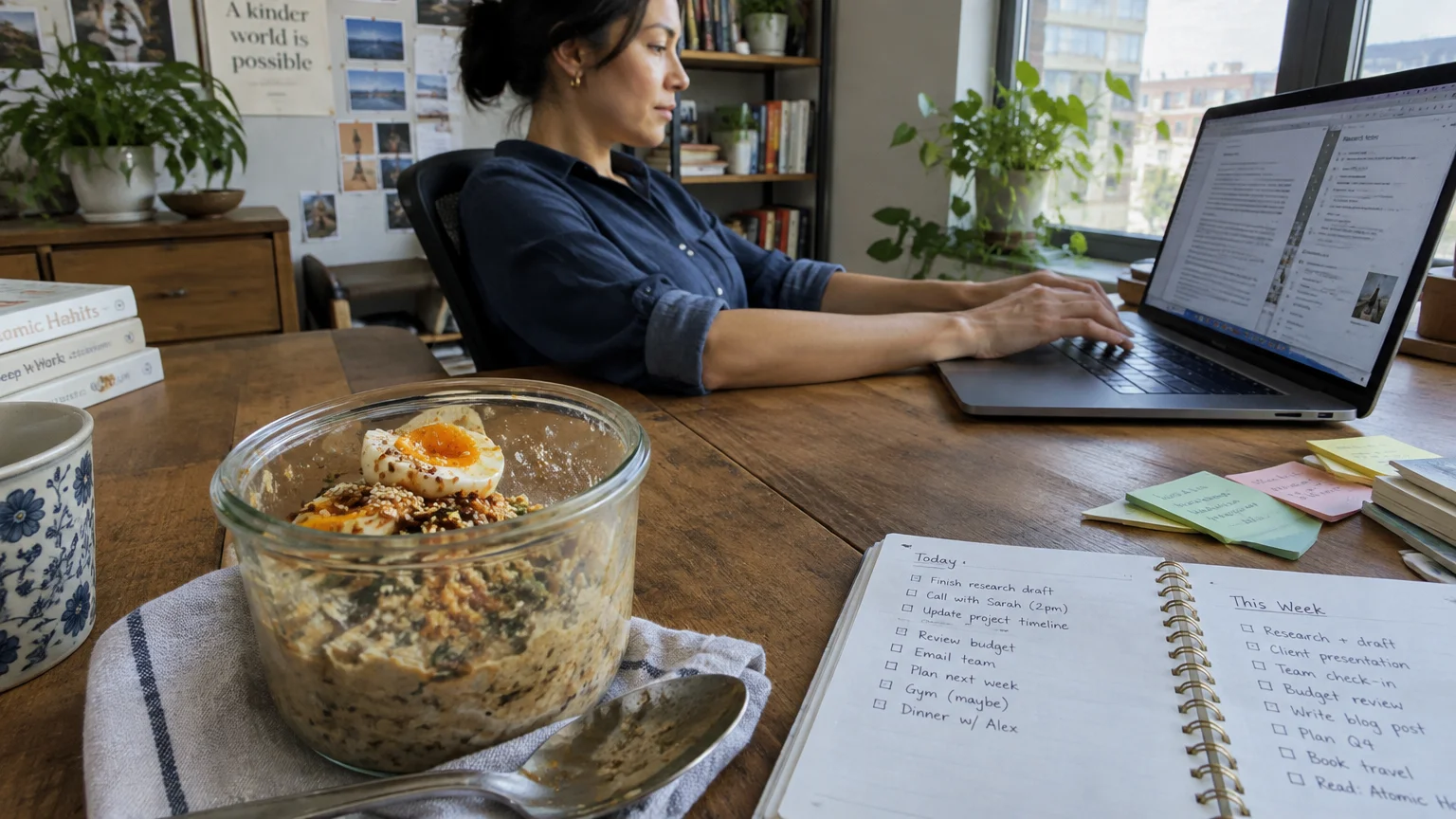 Woman typing on a laptop at a desk beside a planner and a glass jar of savory oatmeal topped with a soft-boiled egg.