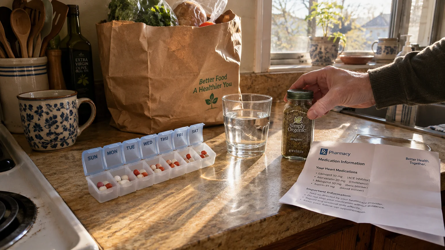 A pill organizer, spice jar, water glass, grocery bag, and printed heart medication list sit on a sunny kitchen counter.