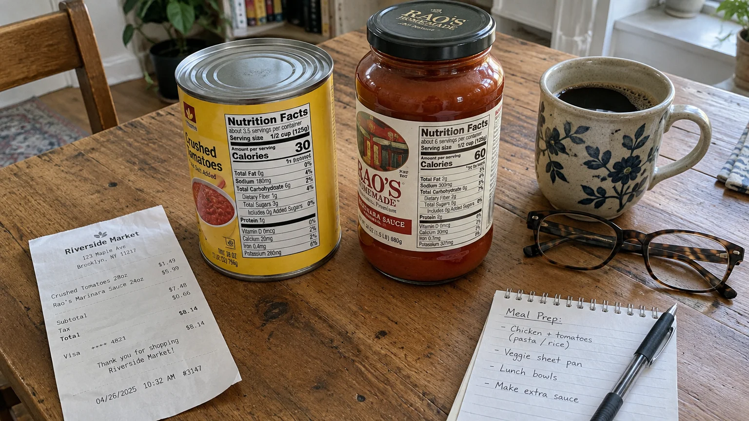A can of crushed tomatoes, a jar of Rao's marinara sauce, a receipt, a coffee mug, glasses, and a notepad on a table.