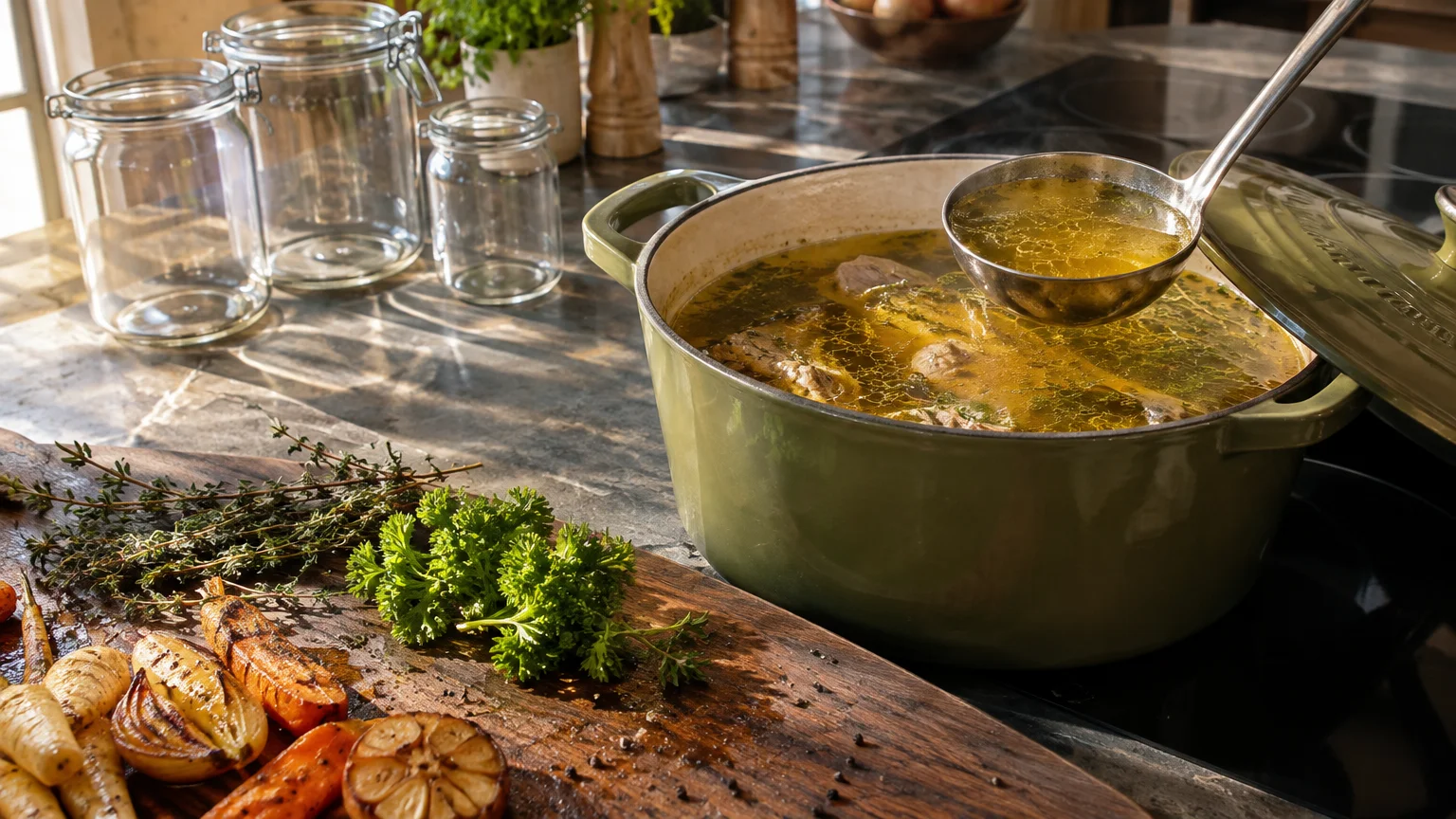 Ladle lifting golden broth from a green Dutch oven beside roasted root vegetables, herbs, and glass jars on a counter.