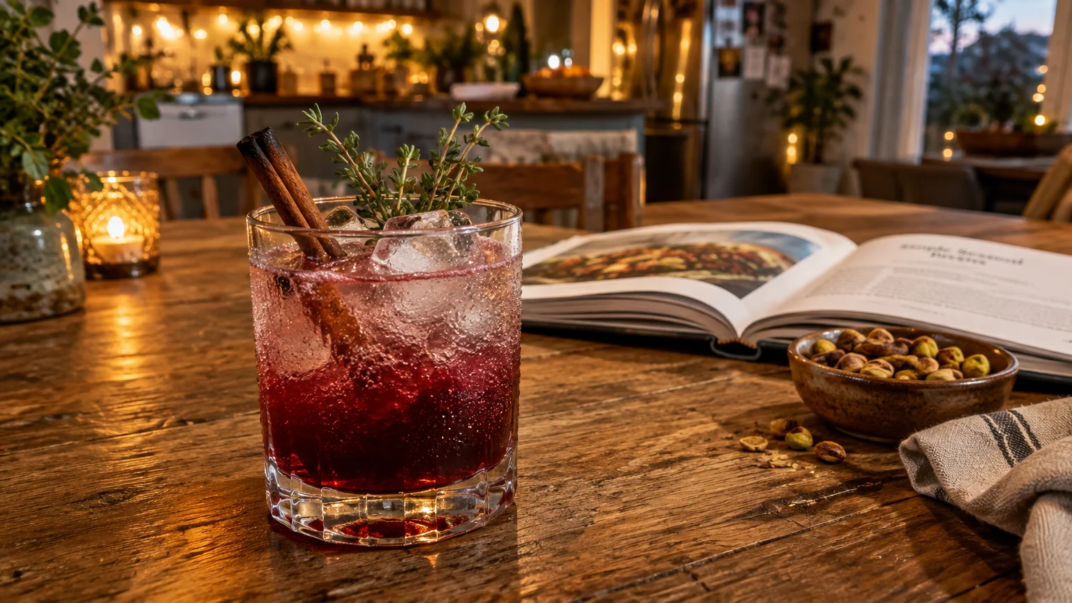 A sparkling red drink over ice with cinnamon and thyme on a wooden table beside a bowl of pistachios and an open book.