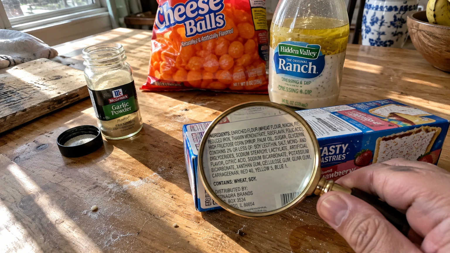A magnifying glass held over an ingredient list on a pastry box beside cheese balls, ranch dressing, and garlic powder.