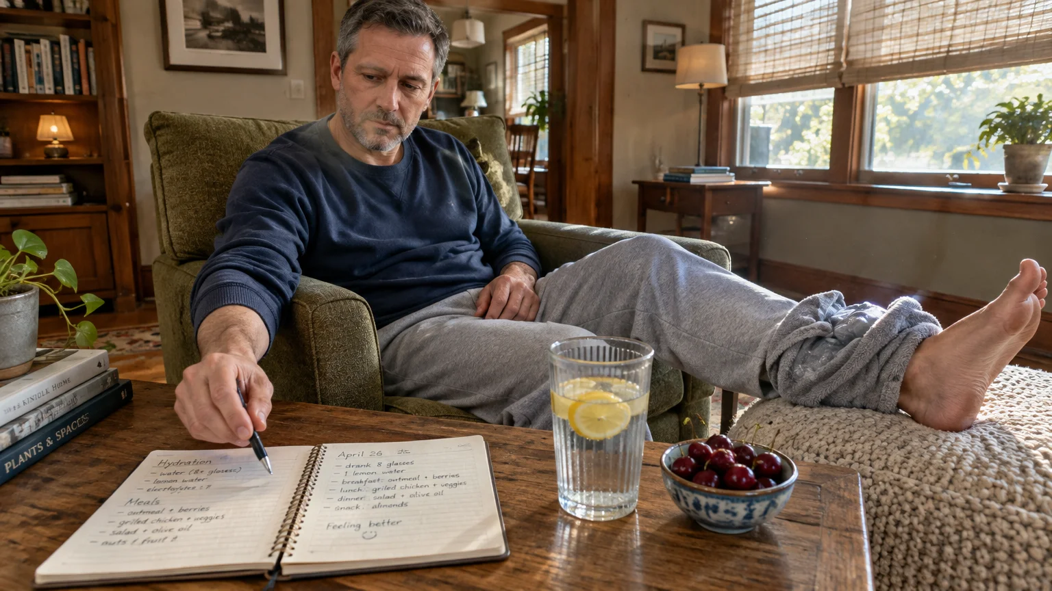 A man sits in an armchair with his bare foot elevated, writing in a journal near a glass of lemon water and cherries.