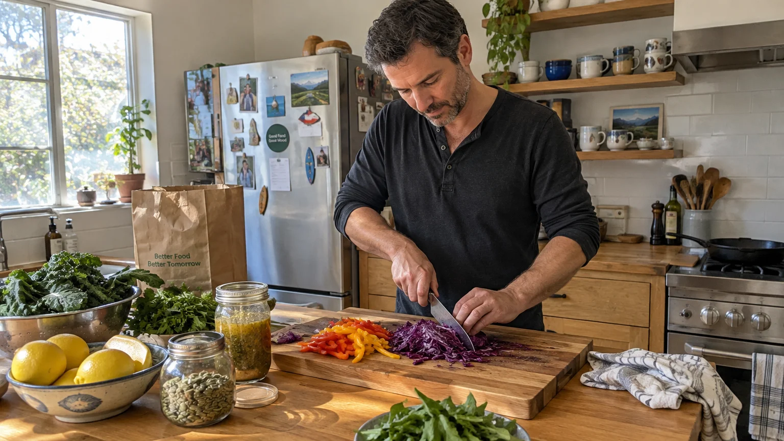 A man chopping purple cabbage on a wooden cutting board in a sunlit kitchen surrounded by fresh produce and jars.