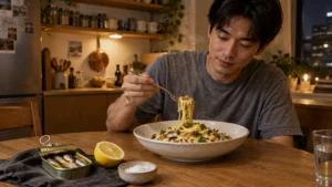 A man eating a steaming bowl of sardine pasta at a wooden table with an open tin of fish and a lemon half nearby.