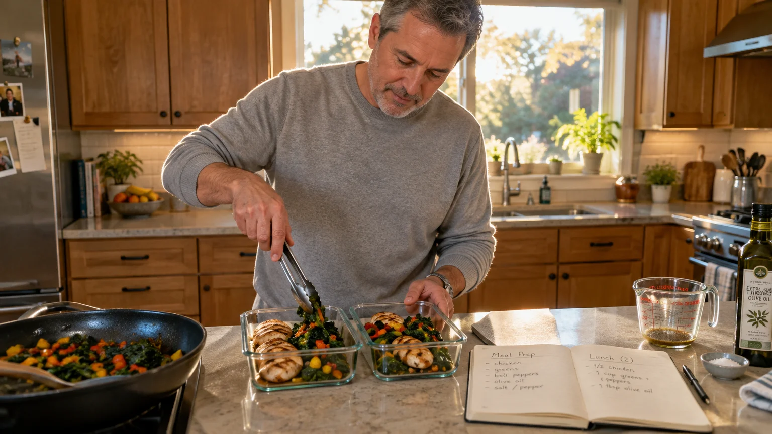 A man in a kitchen uses tongs to portion sautéed greens and grilled chicken into glass meal prep containers next to a recipe.