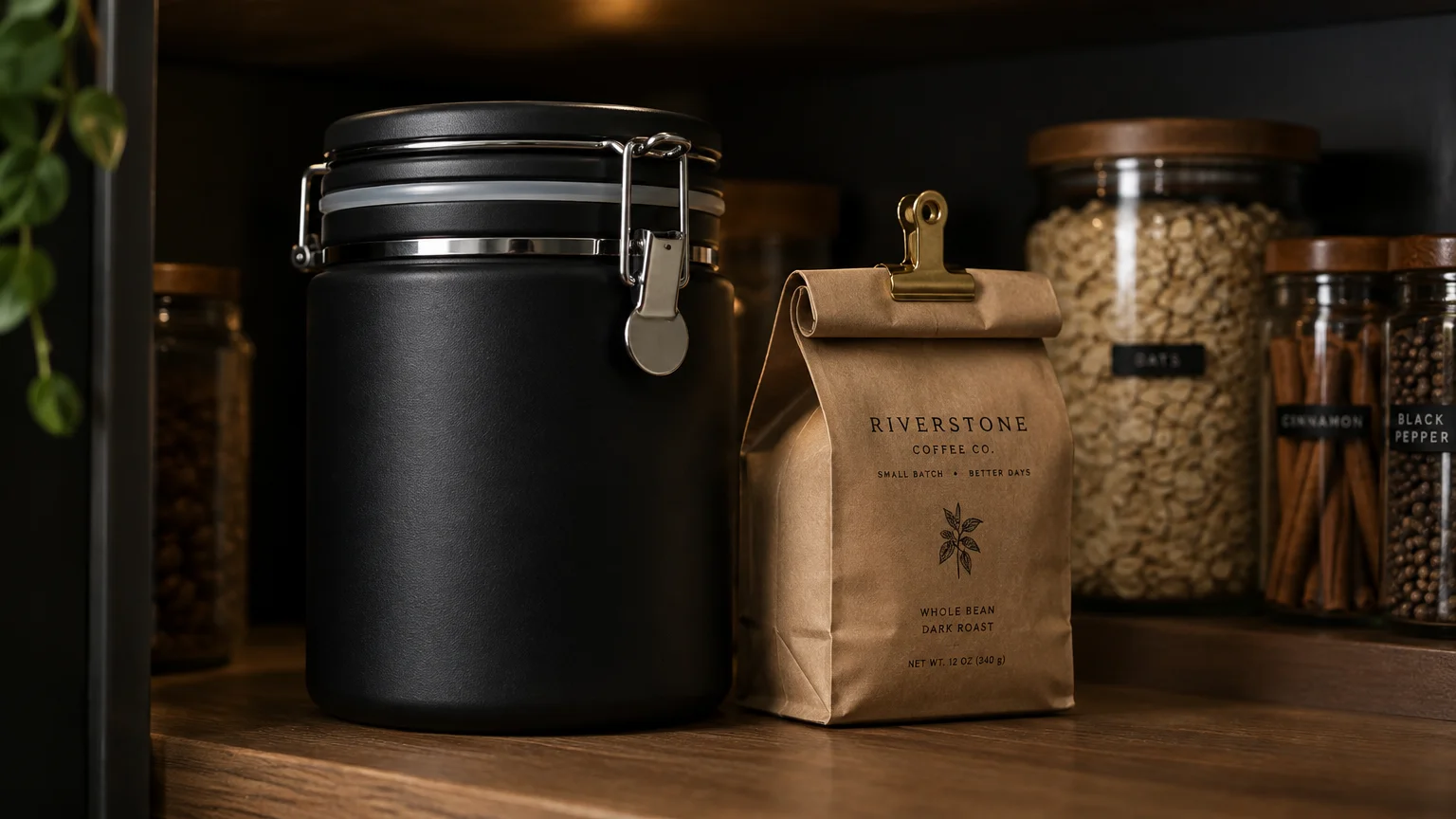 A matte black airtight canister sits next to a clamped brown paper bag of coffee beans on a wooden pantry shelf.