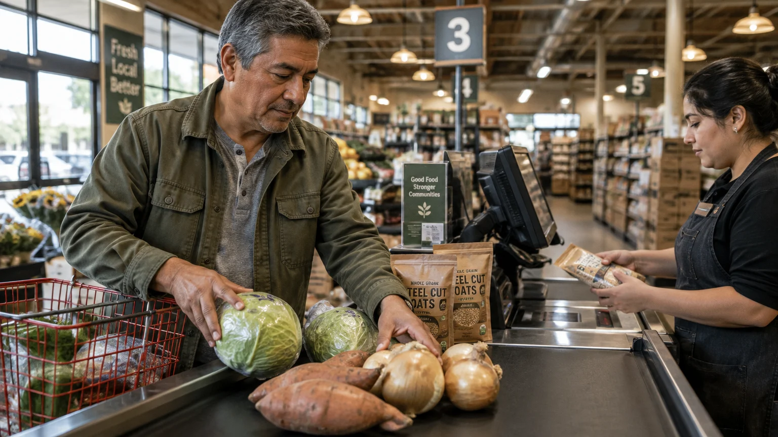 A man unloads fresh cabbage and onions onto a supermarket checkout belt as a cashier scans steel cut oats.
