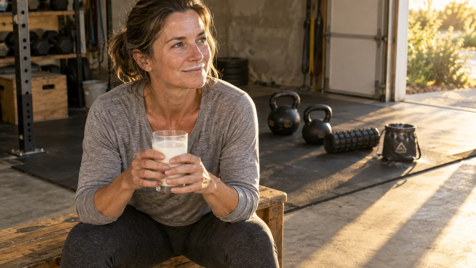 A smiling woman sits on a wooden bench holding a glass of milk with a milk mustache inside a garage gym.
