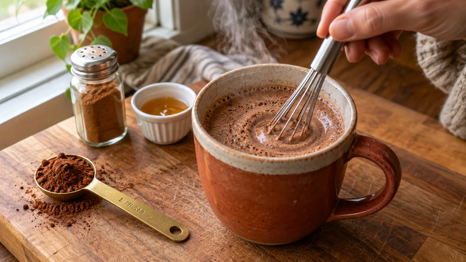 Hand whisking hot cocoa in a ceramic mug on a wooden board next to a tablespoon of cocoa powder and honey.