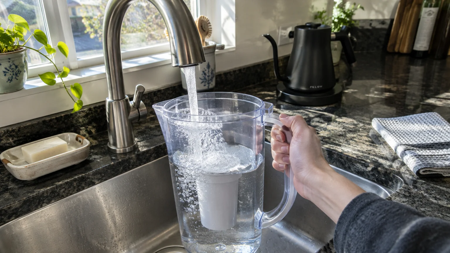 Hand filling a clear water filter pitcher from a kitchen sink faucet beside a black electric gooseneck kettle.