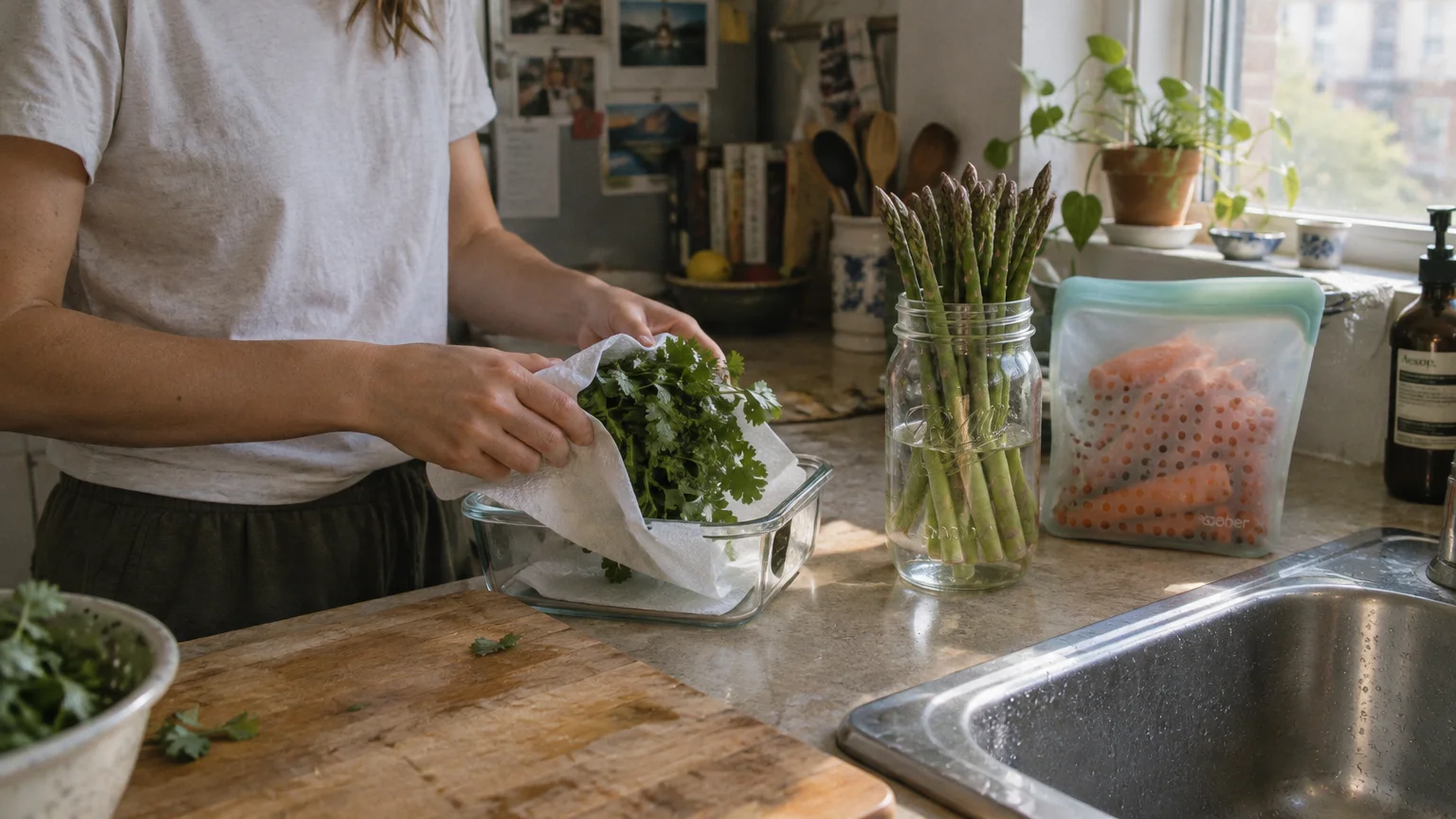 Person wrapping fresh herbs in paper towel on a counter next to asparagus in water and bagged carrots.
