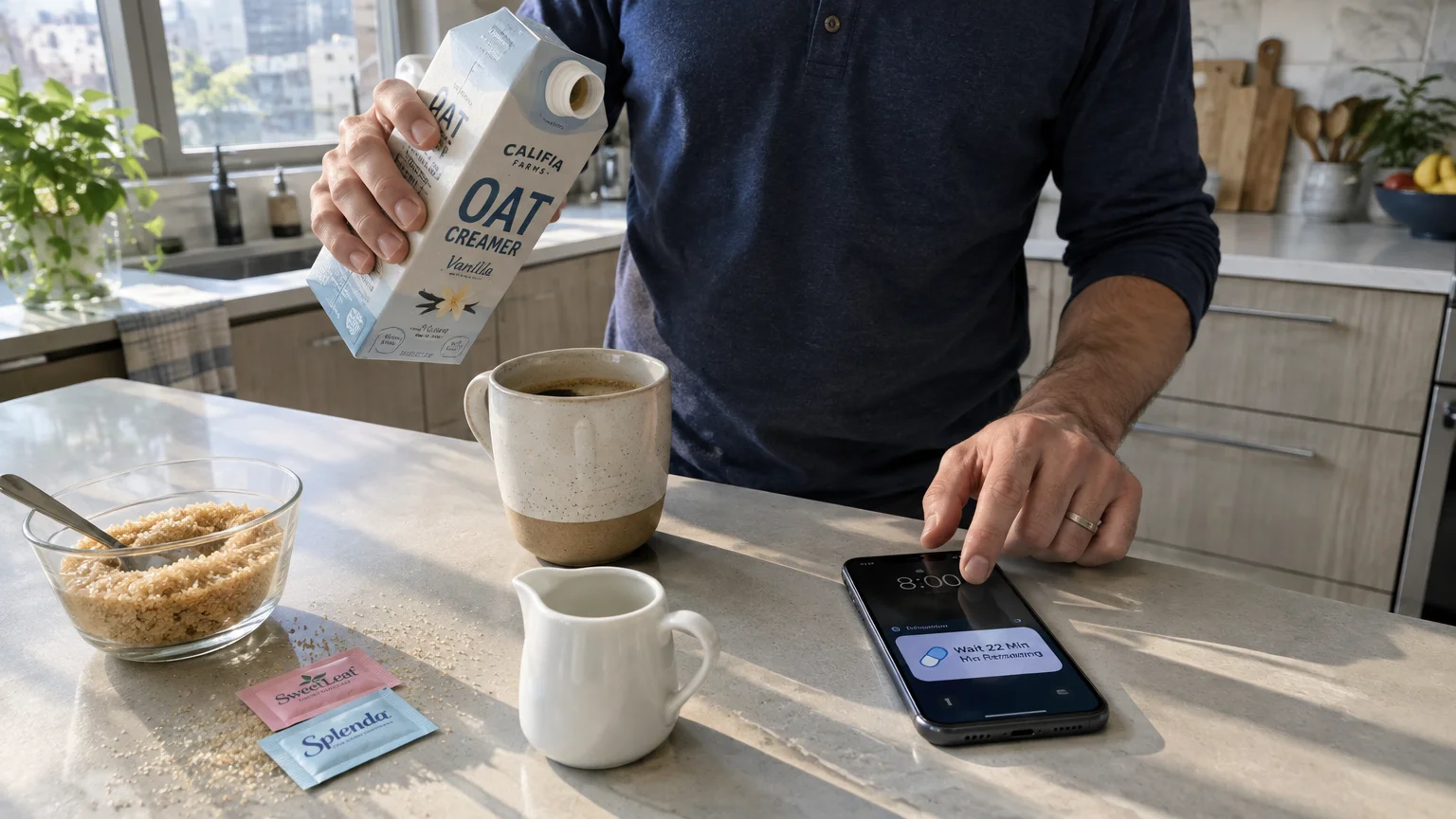 A man pours oat creamer into a coffee mug on a kitchen counter near sugar, sweetener packets, and a smartphone timer.
