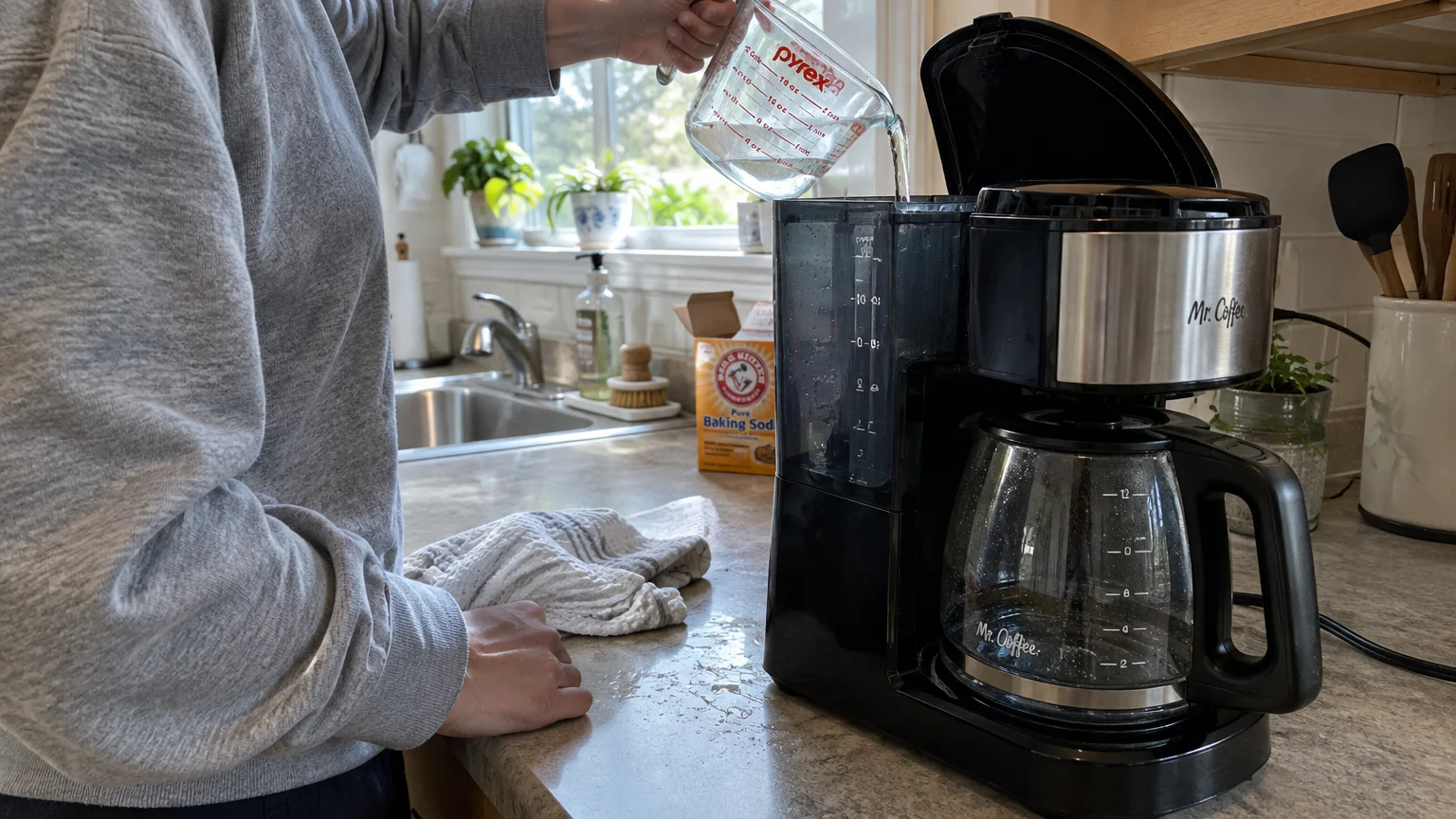 A person pouring liquid from a glass measuring cup into the water reservoir of a black drip coffee maker on a kitchen counter.
