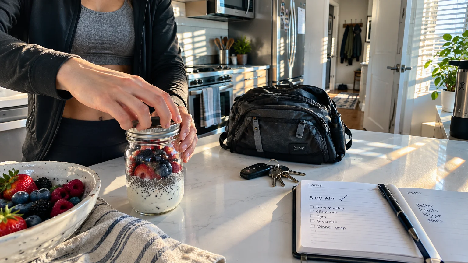 A woman closes a mason jar of yogurt and berries on a kitchen counter near keys, a bag, and a daily planner.
