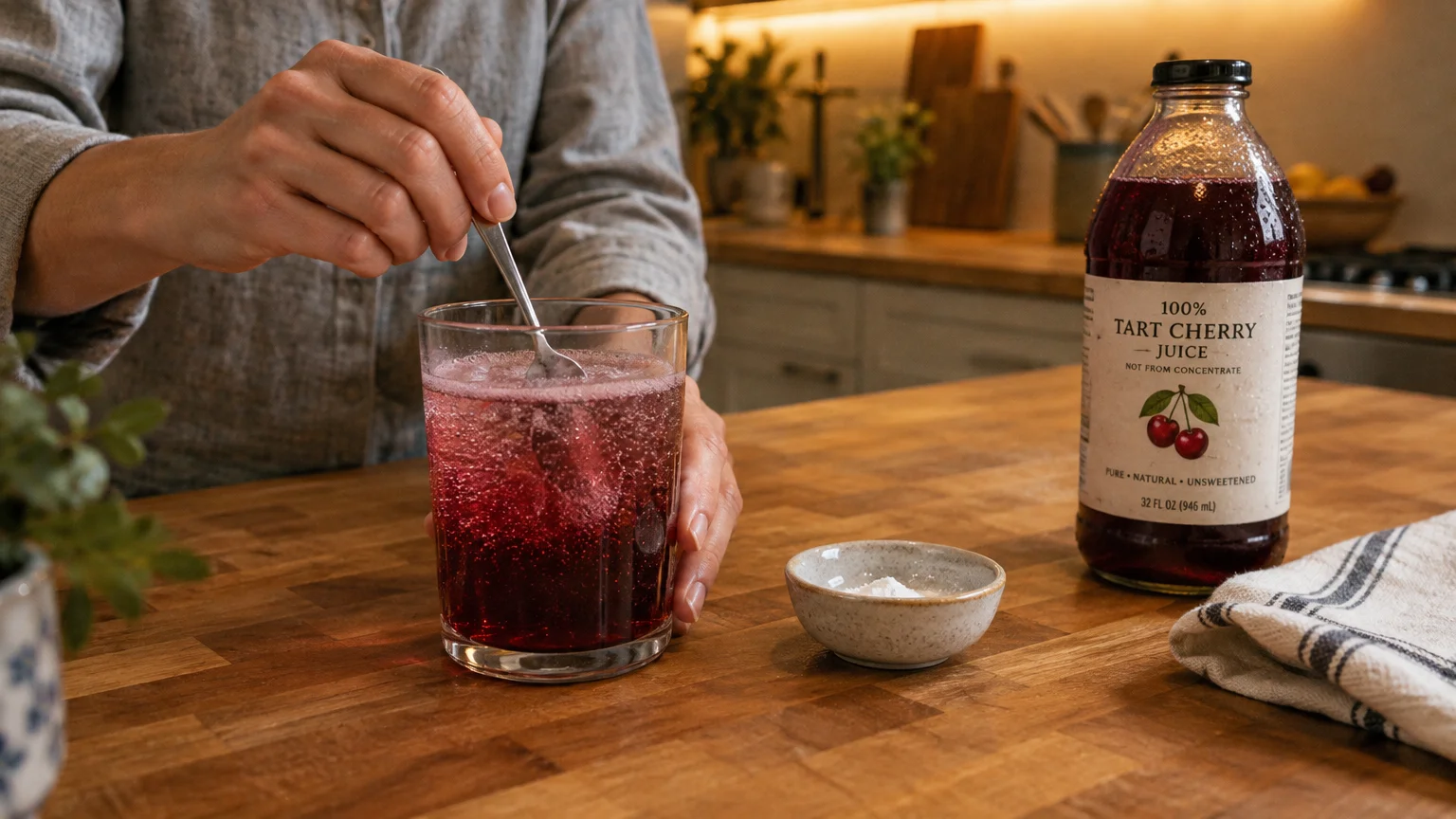 A person stirring a red drink in a glass beside a bottle of tart cherry juice and a small bowl of white powder.