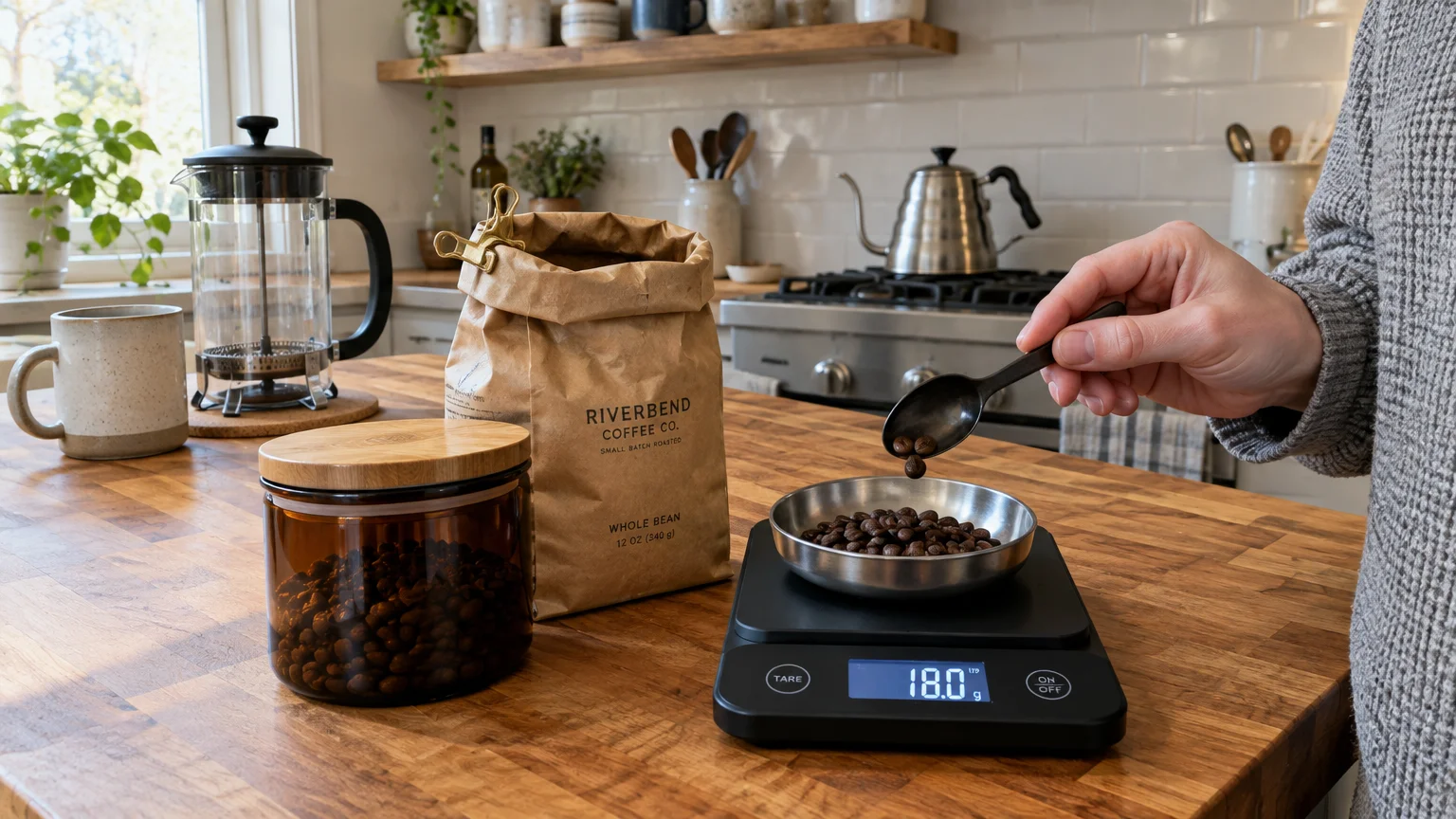 A person uses a black spoon to measure whole coffee beans onto a digital kitchen scale reading eighteen grams.