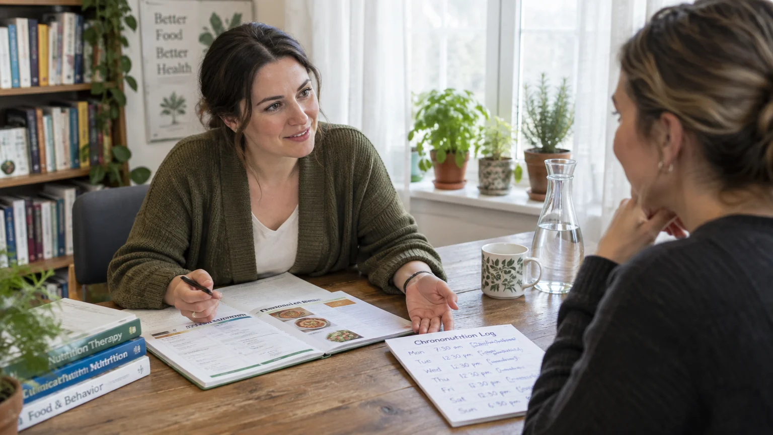 A dietitian sits at a wooden table consulting with a client, reviewing nutrition books and a chrononutrition log.