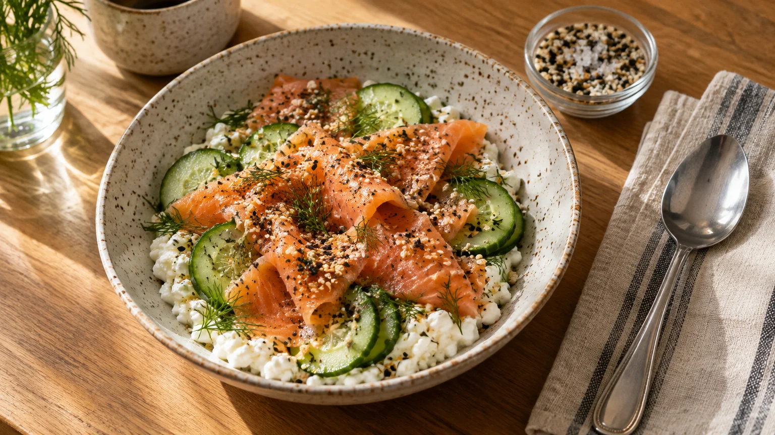 Ceramic bowl of cottage cheese topped with sliced smoked salmon, cucumber rounds, fresh dill, and everything bagel seasoning.