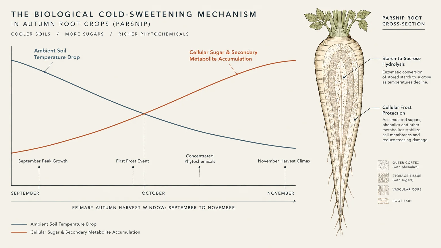 Diagram of a parsnip root cross-section and chart showing sugar accumulation rising as soil temperatures drop from autumn frost.