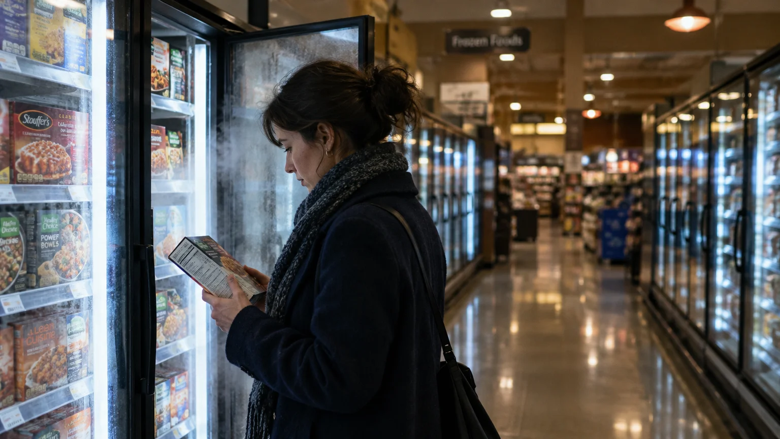 A woman in a dark coat inspects a frozen food box beside an open refrigerated display case in a grocery store.