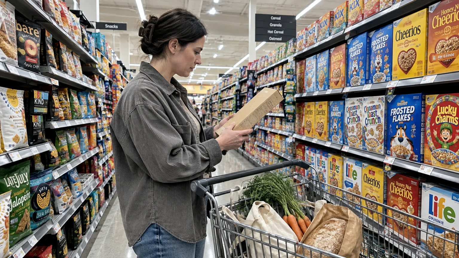 A woman in a gray corduroy shirt looks at a food package in a supermarket cereal aisle beside her grocery cart.