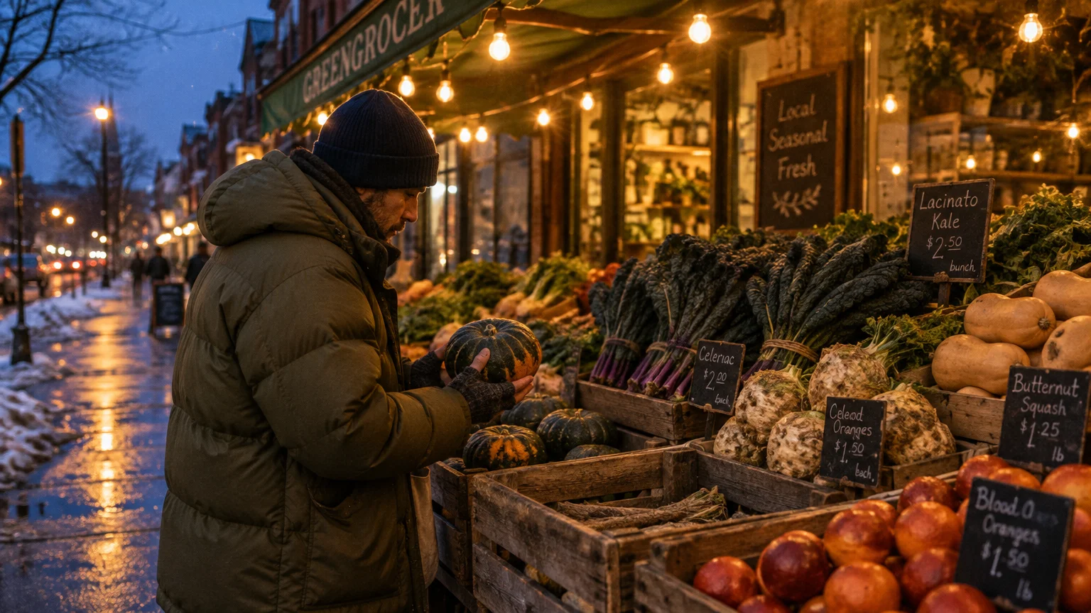 A man in a winter coat inspects squash at an outdoor produce stand displaying kale, root vegetables, and citrus.