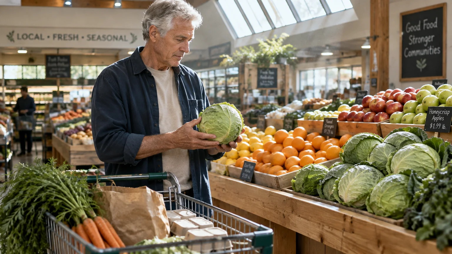An older man holding a head of cabbage beside a produce cart in a grocery store produce department.