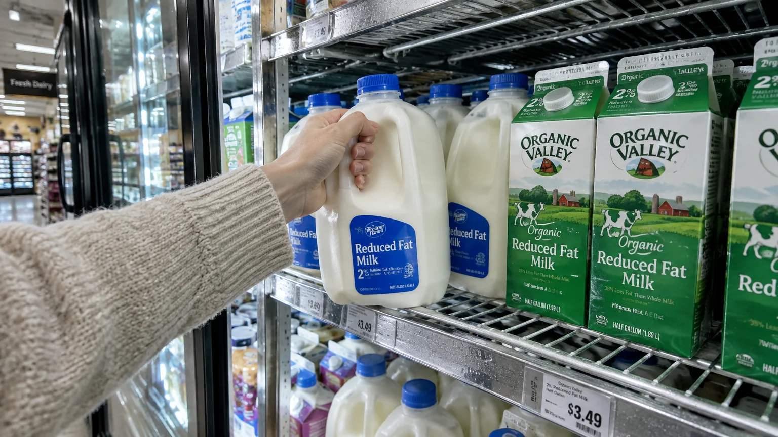 A hand selects a plastic jug of reduced fat milk from a supermarket cooler shelf next to green Organic Valley cartons.