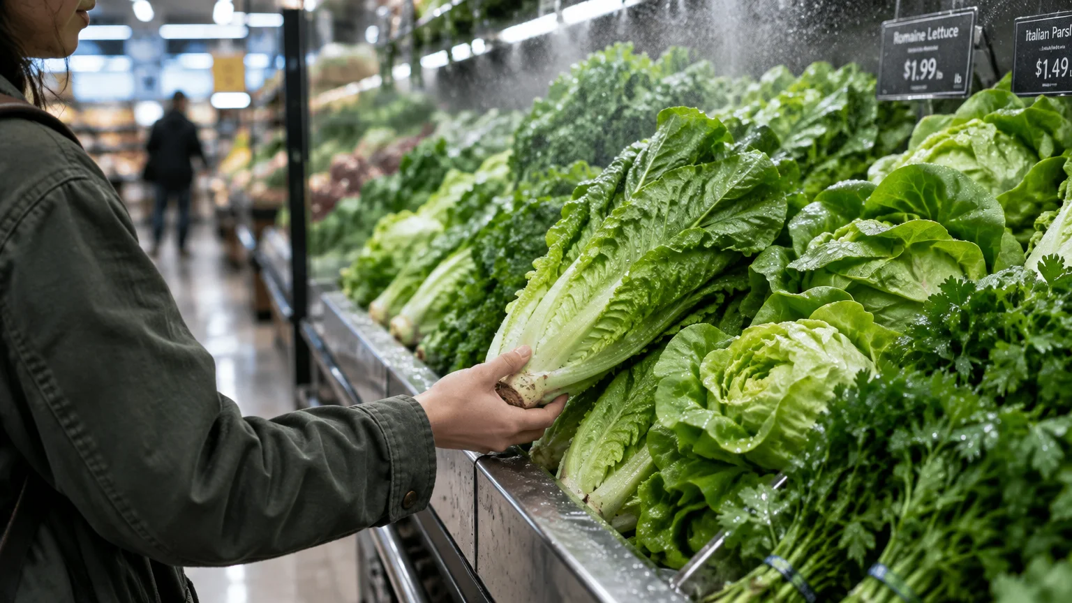 A shopper reaches for a head of romaine lettuce displayed on a misted produce shelf in a grocery store.
