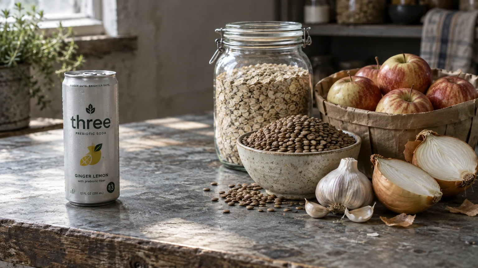 A can of prebiotic soda beside oats in a glass jar, lentils in a bowl, garlic, cut onions, and a basket of apples on a table.