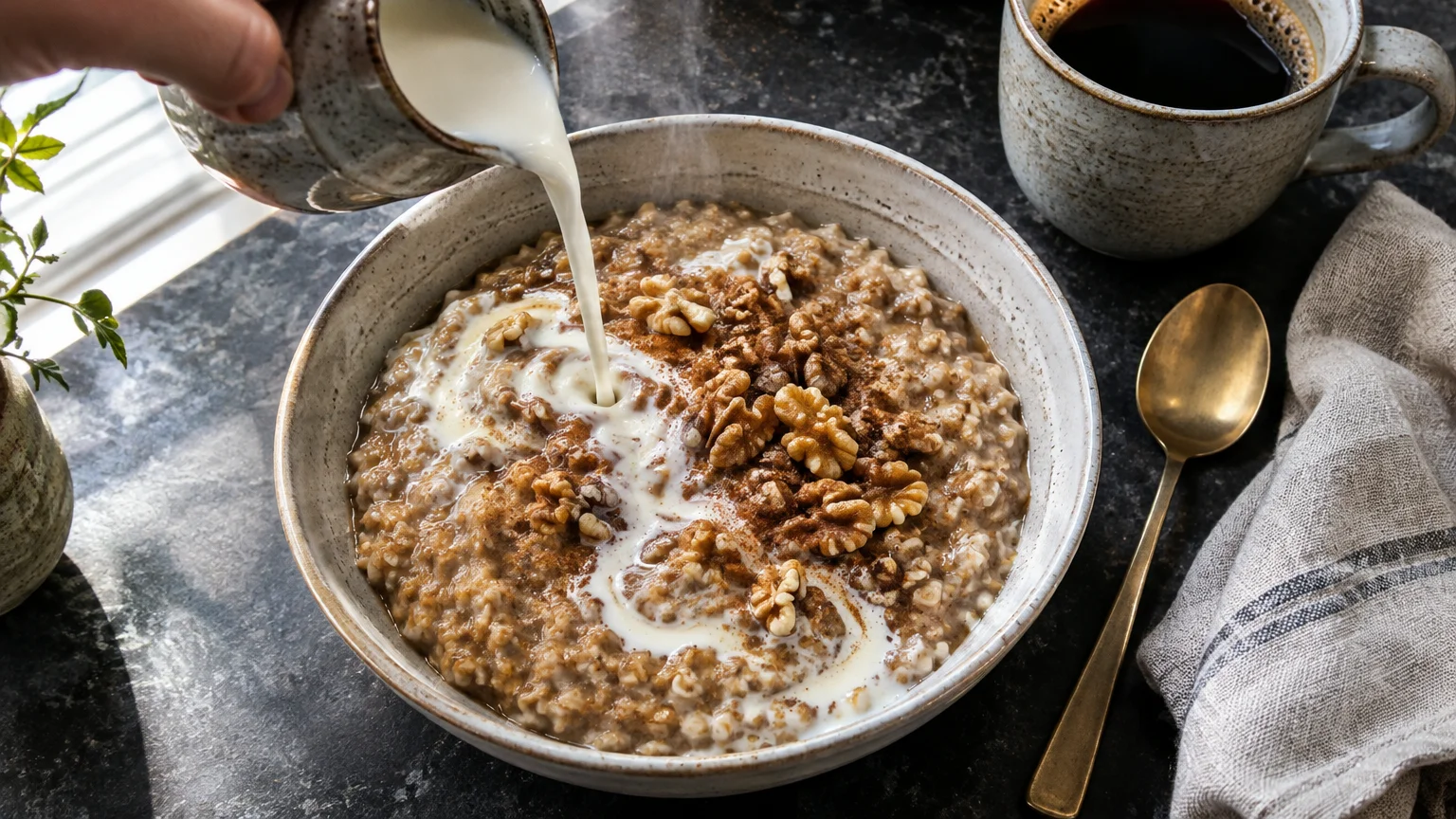 Milk being poured into a bowl of steaming oatmeal topped with walnuts and cinnamon beside a cup of black coffee.