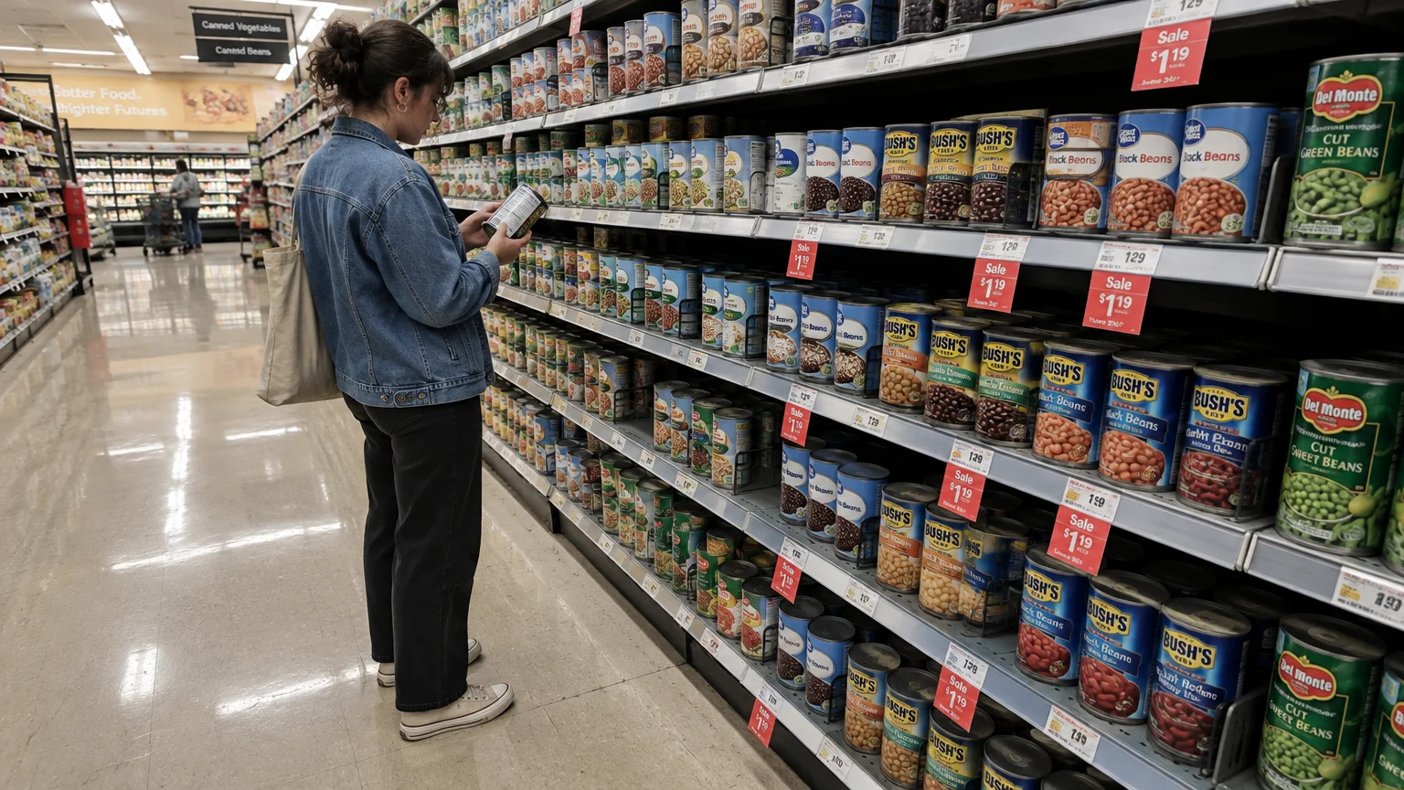 A shopper in a denim jacket inspects a can of beans while standing in a grocery store canned vegetable aisle.