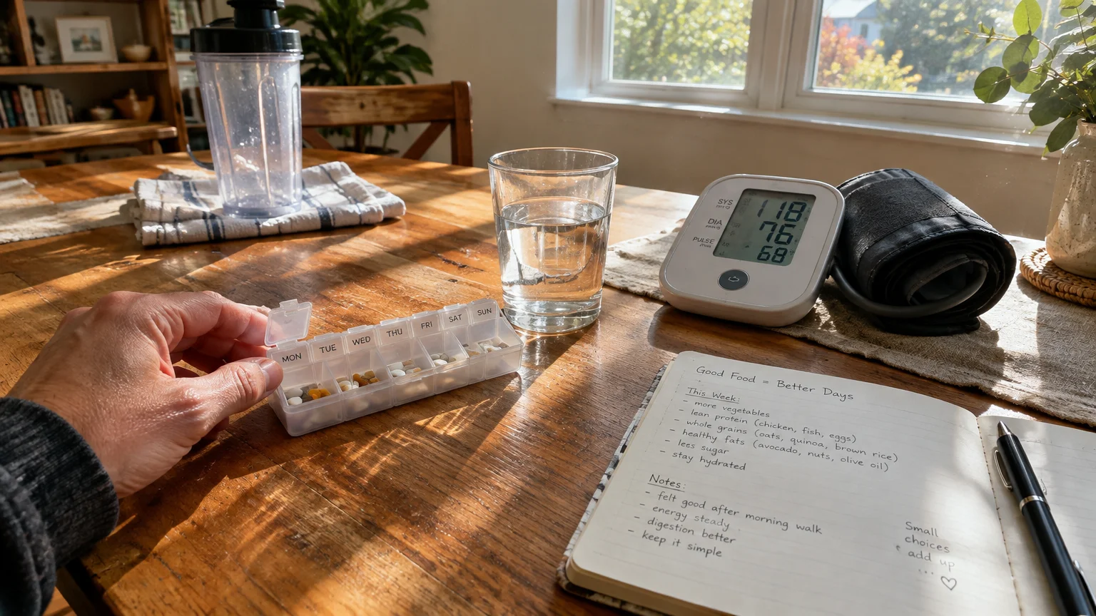 A person opening a weekly pill organizer beside a blood pressure monitor, water glass, blender cup, and food journal.