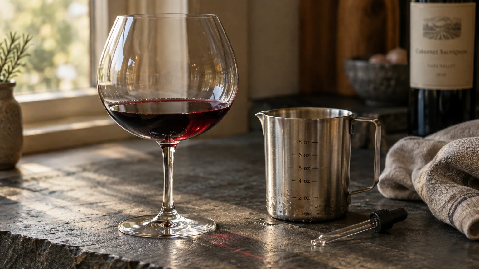 A large wine glass with red wine sits beside a metal measuring cup marked with ounce measurements.