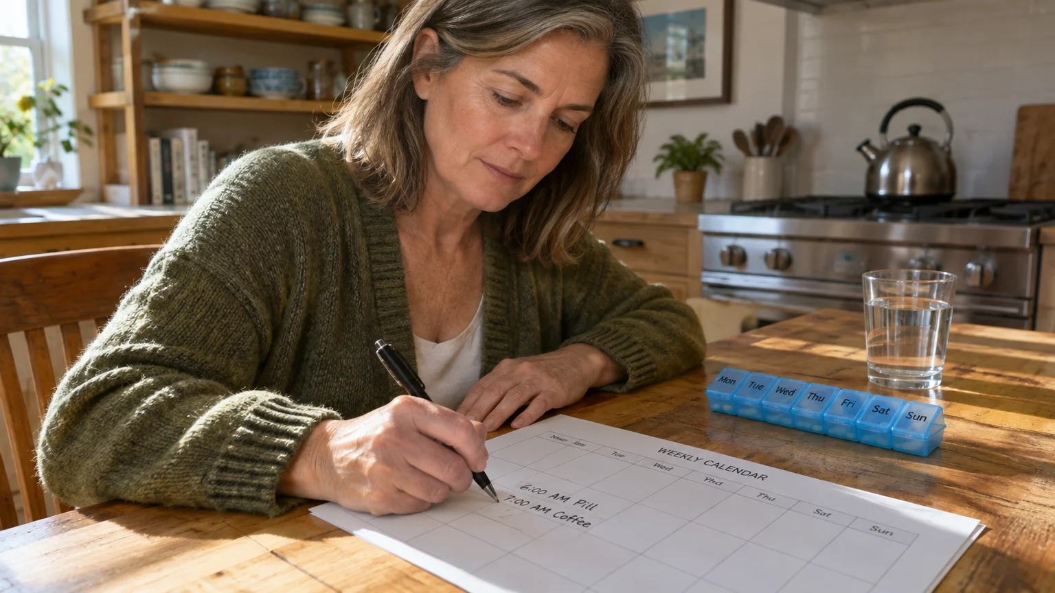 A woman writes on a weekly calendar at a kitchen table next to a blue daily pill organizer and a glass of water.