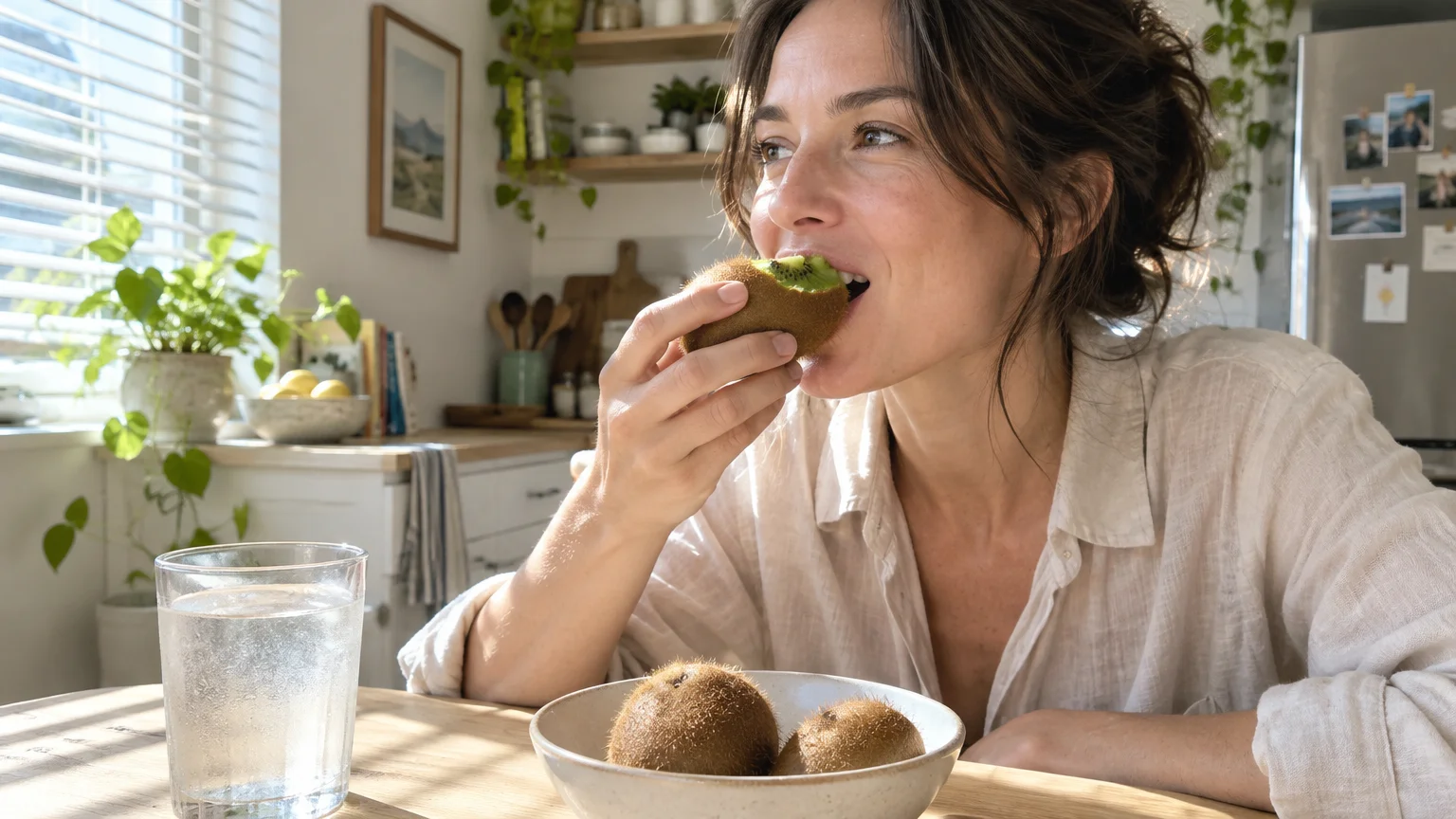A woman biting into a whole, unpeeled fuzzy kiwi at a sunlit kitchen table with a bowl of kiwis.