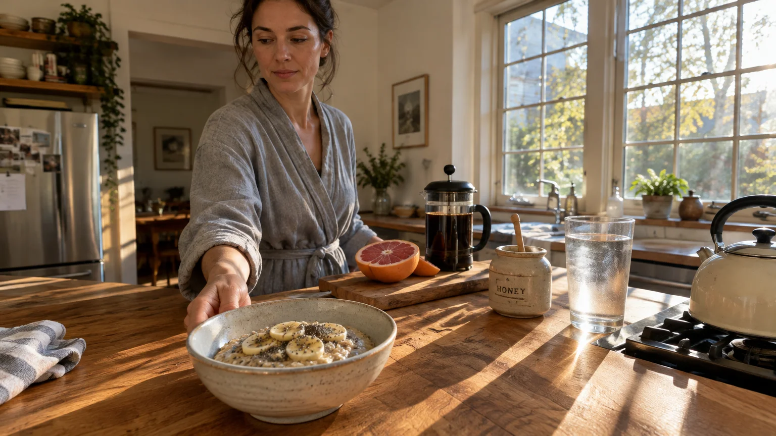 A woman in a robe reaches for a bowl of oatmeal topped with bananas on a sunlit wooden kitchen island.