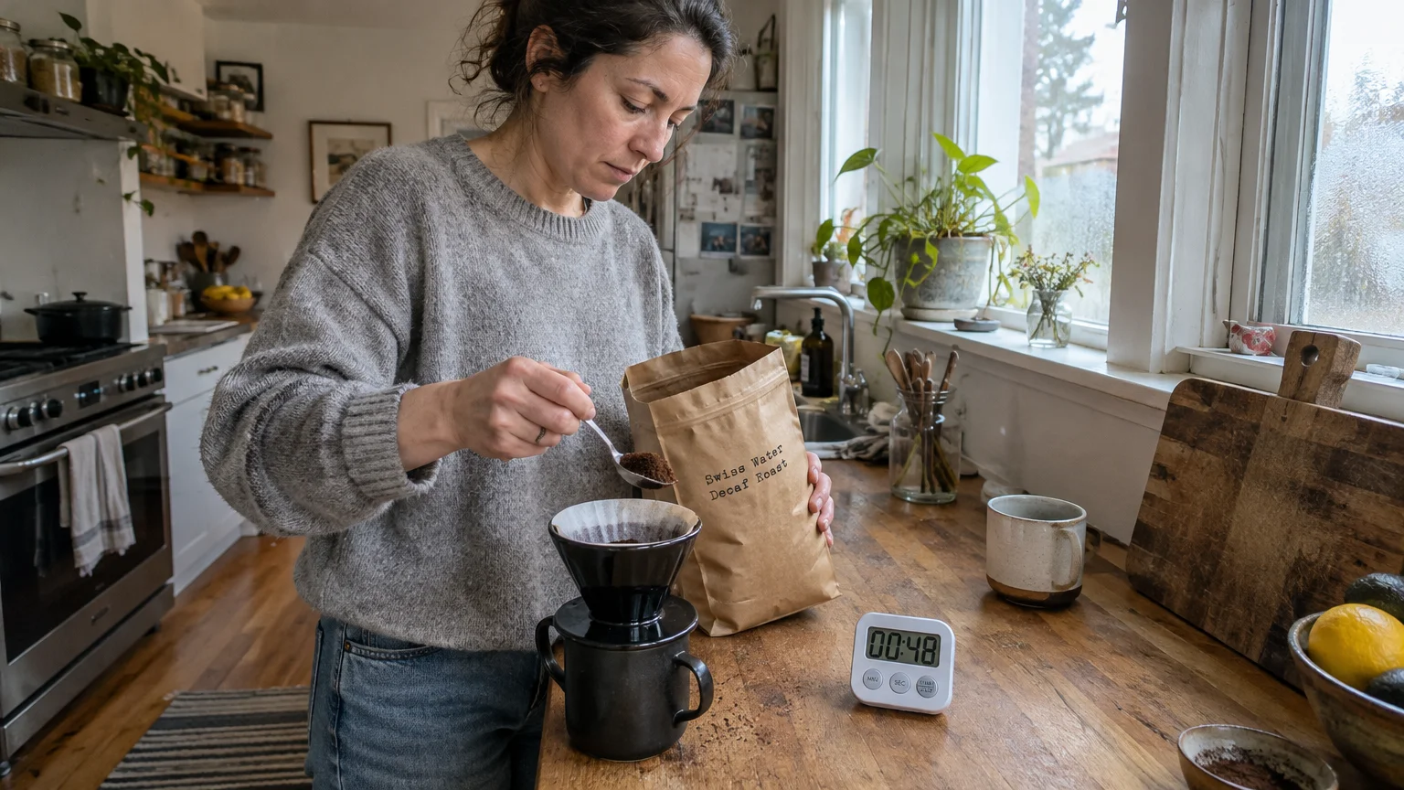 A woman spoons Swiss Water Decaf Roast grounds into a pour-over dripper on a wooden counter next to a digital timer.